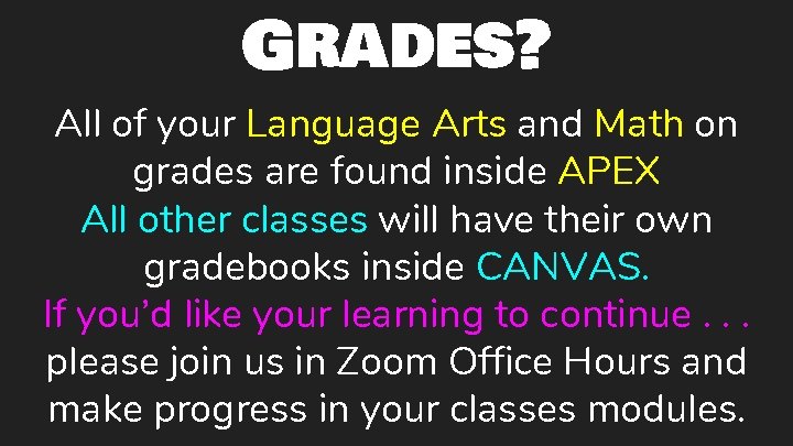 Grades? All of your Language Arts and Math on grades are found inside APEX