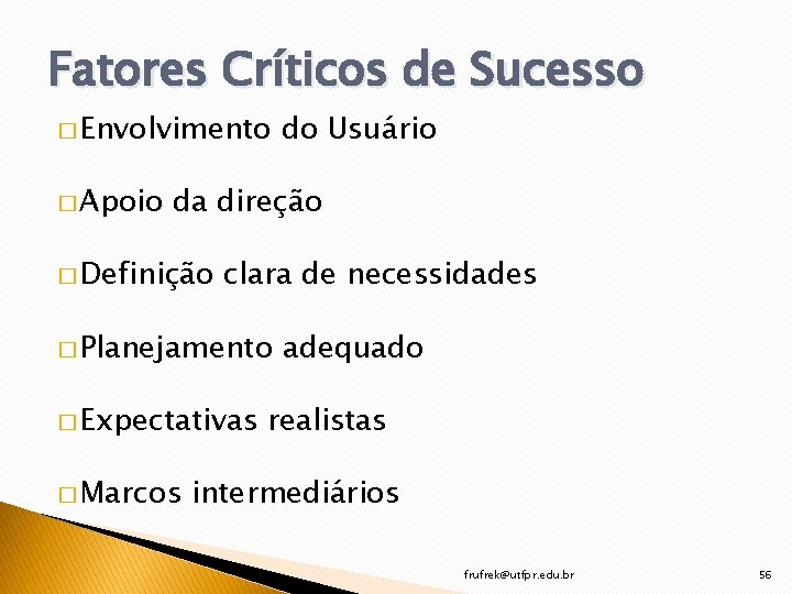 Fatores Críticos de Sucesso � Envolvimento � Apoio do Usuário da direção � Definição