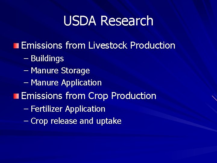 USDA Research Emissions from Livestock Production – Buildings – Manure Storage – Manure Application USDA Research Emissions from Livestock Production – Buildings – Manure Storage – Manure Application