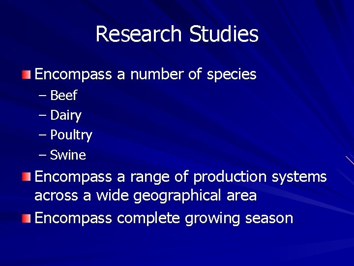 Research Studies Encompass a number of species – Beef – Dairy – Poultry – Research Studies Encompass a number of species – Beef – Dairy – Poultry –