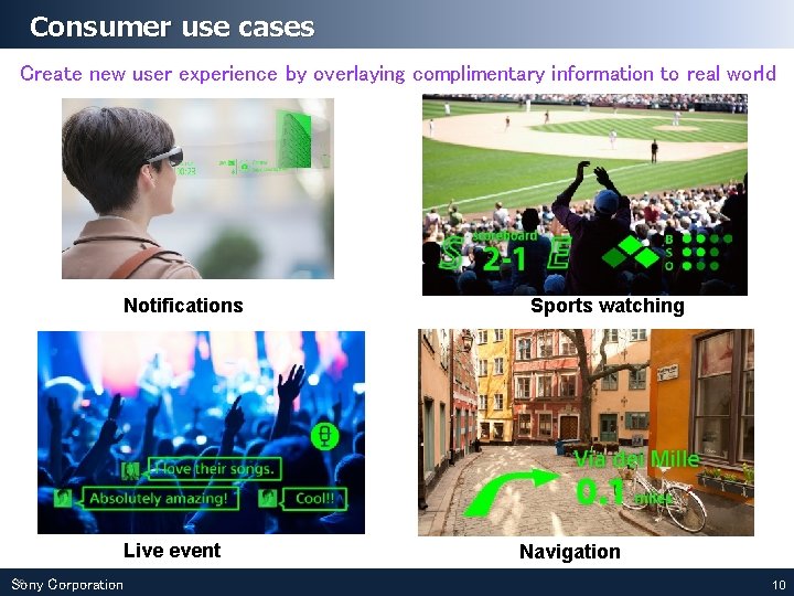 Consumer use cases Create new user experience by overlaying complimentary information to real world Consumer use cases Create new user experience by overlaying complimentary information to real world