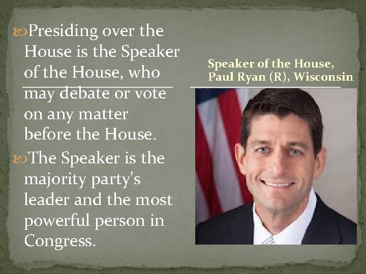  Presiding over the House is the Speaker of the House, who may debate