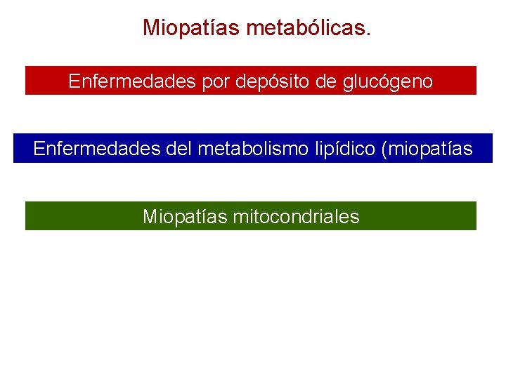Miopatías metabólicas. Enfermedades por depósito de glucógeno (glucogenosis) Enfermedades del metabolismo lipídico (miopatías lipoideas)