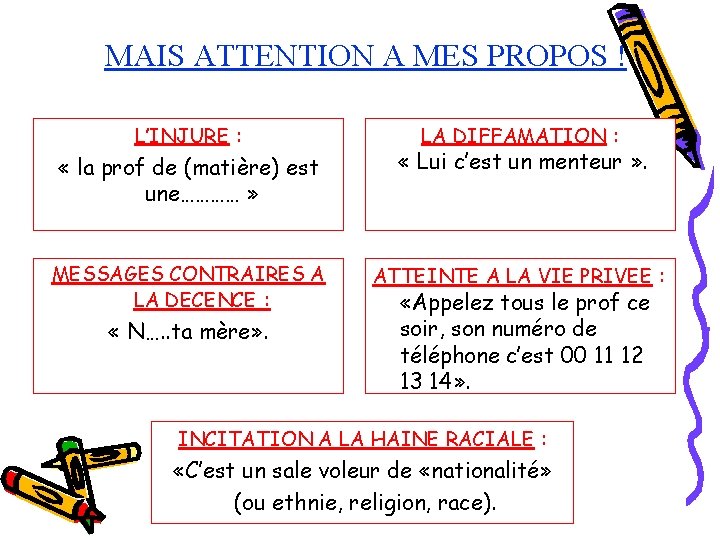 MAIS ATTENTION A MES PROPOS ! L’INJURE : LA DIFFAMATION : « la prof MAIS ATTENTION A MES PROPOS ! L’INJURE : LA DIFFAMATION : « la prof