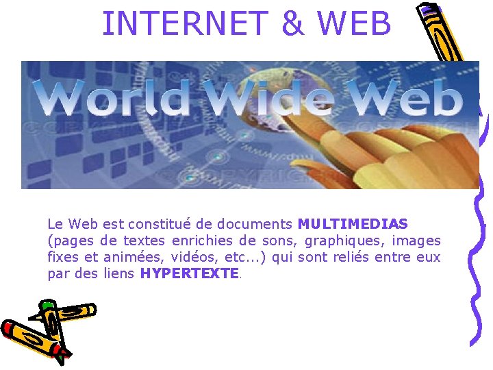 INTERNET & WEB Le Web est constitué de documents MULTIMEDIAS (pages de textes enrichies INTERNET & WEB Le Web est constitué de documents MULTIMEDIAS (pages de textes enrichies