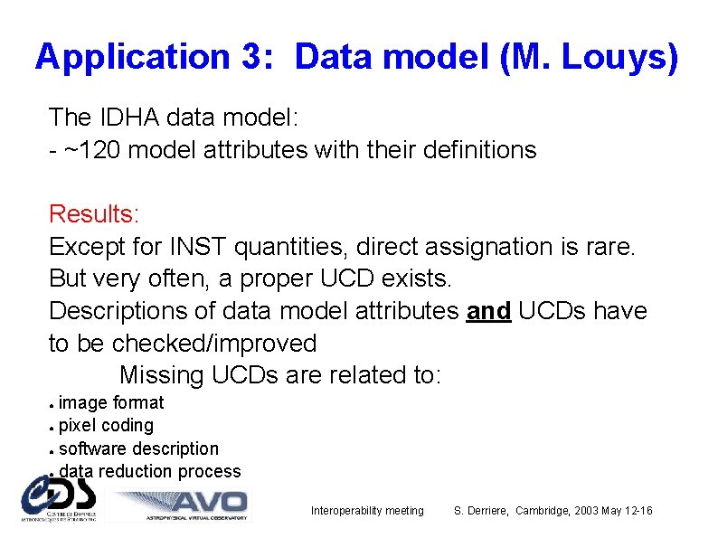Application 3: Data model (M. Louys) The IDHA data model: - ~120 model attributes
