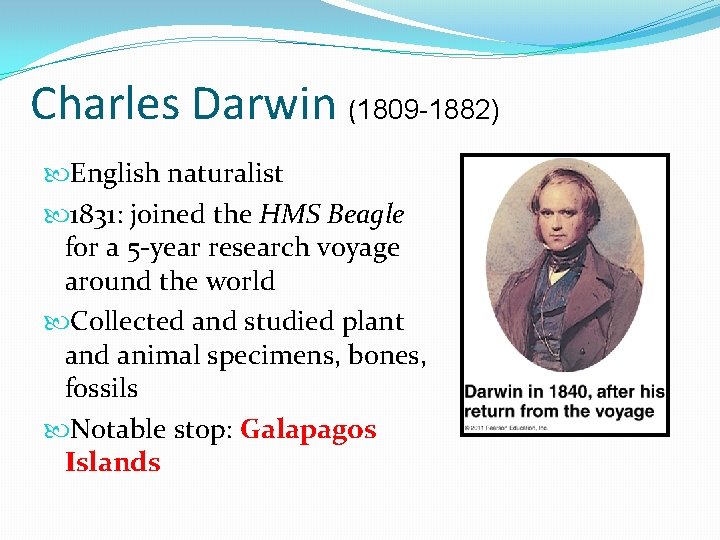 Charles Darwin (1809 -1882) English naturalist 1831: joined the HMS Beagle for a 5 Charles Darwin (1809 -1882) English naturalist 1831: joined the HMS Beagle for a 5