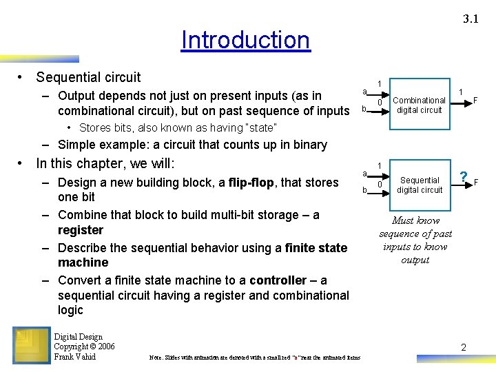 3. 1 Introduction • Sequential circuit – Output depends not just on present inputs