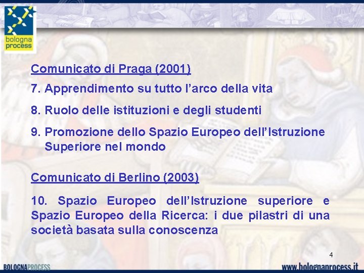 Comunicato di Praga (2001) 7. Apprendimento su tutto l’arco della vita 8. Ruolo delle