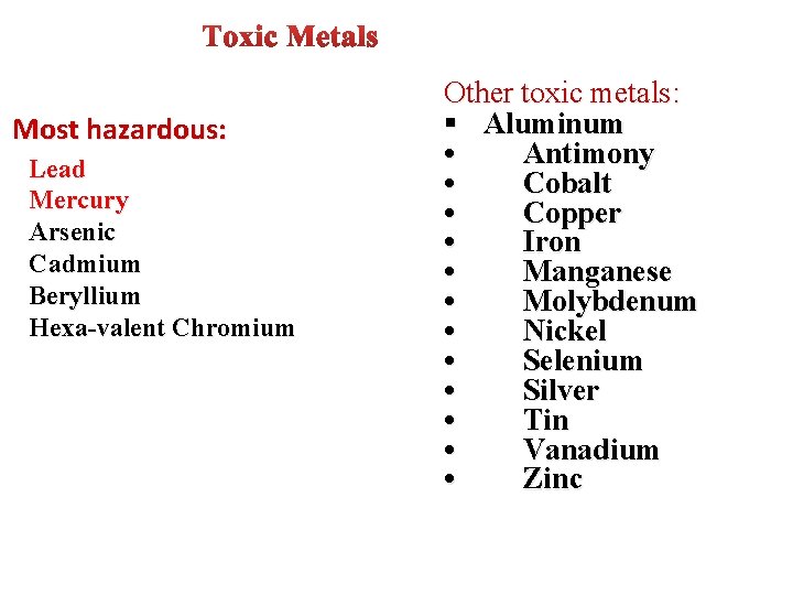 Most hazardous: Lead Mercury Arsenic Cadmium Beryllium Hexa-valent Chromium Other toxic metals: § Aluminum