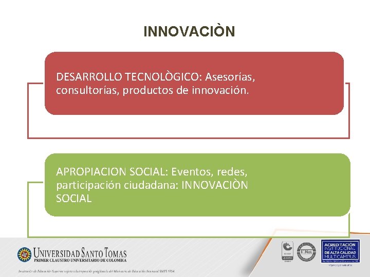 INNOVACIÒN DESARROLLO TECNOLÒGICO: Asesorías, consultorías, productos de innovación. APROPIACION SOCIAL: Eventos, redes, participación ciudadana: