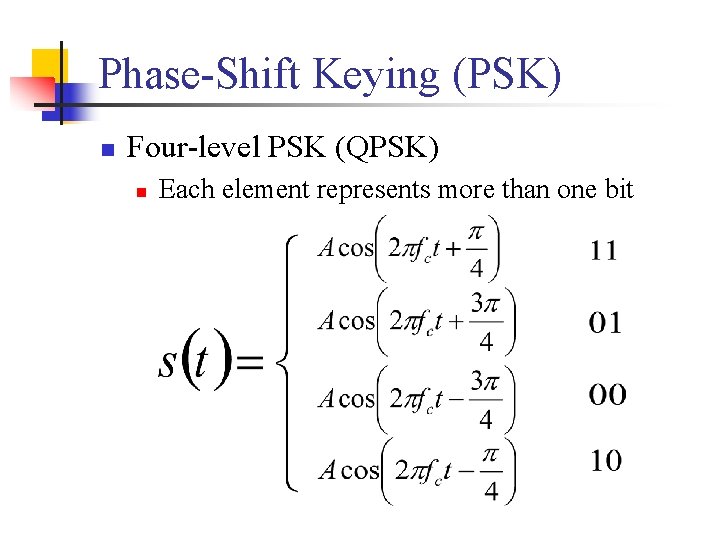 Phase-Shift Keying (PSK) n Four-level PSK (QPSK) n Each element represents more than one