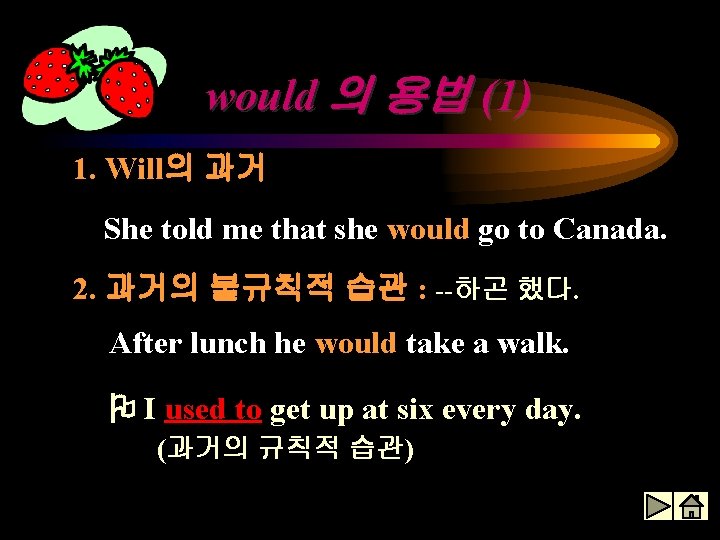 would 의 용법 (1) 1. Will의 과거 She told me that she would go