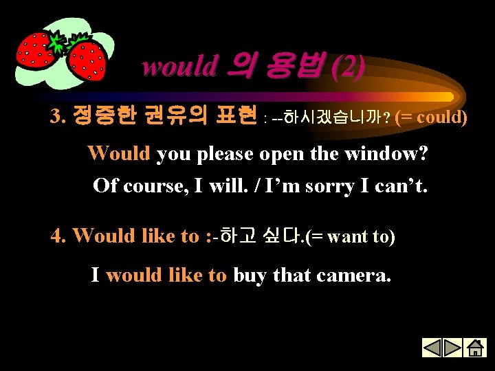 would 의 용법 (2) 3. 정중한 권유의 표현 : --하시겠습니까? (= could) Would you