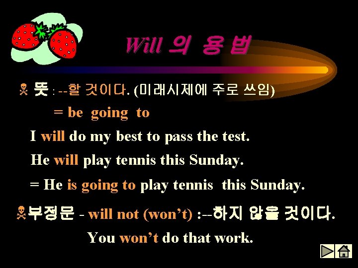 Will 의 용 법 N 뜻 : --할 것이다. (미래시제에 주로 쓰임) = be