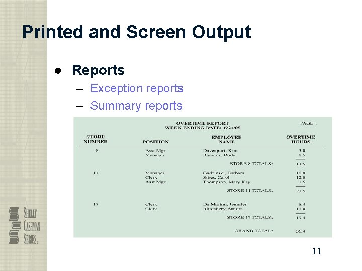 Printed and Screen Output ● Reports – Exception reports – Summary reports 11 