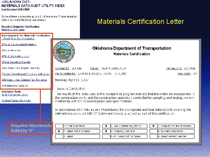 Materials Certification Letter Required Attachments Noted by “X” 