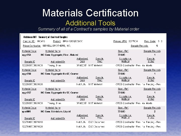 Materials Certification Additional Tools Summary of all of a Contract’s samples by Material order