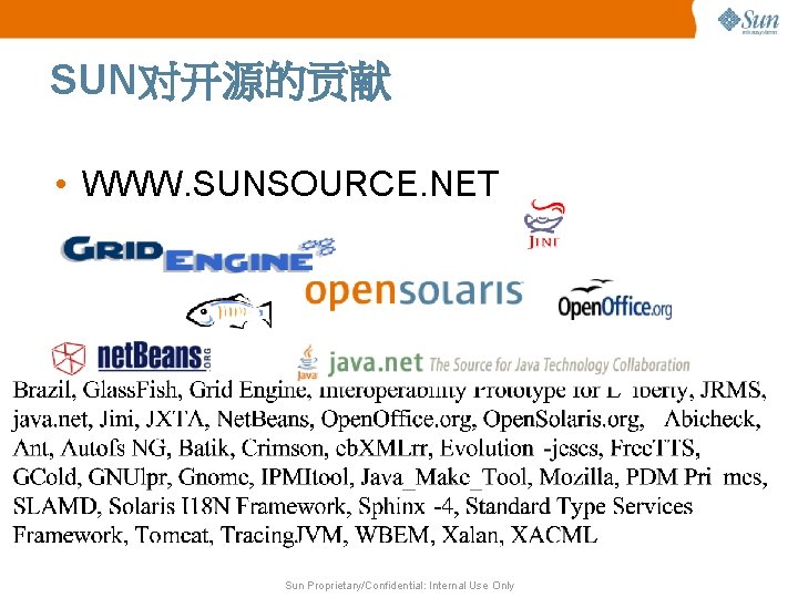 SUN对开源的贡献 • WWW. SUNSOURCE. NET Sun Proprietary/Confidential: Internal Use Only 