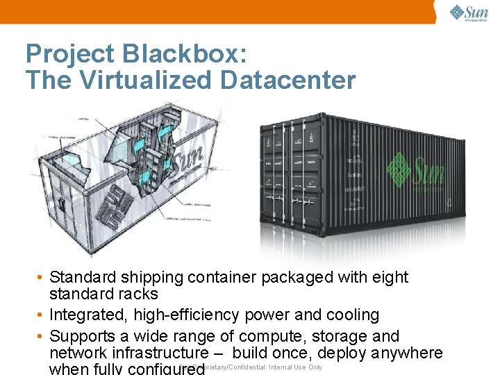 Project Blackbox: The Virtualized Datacenter • Standard shipping container packaged with eight standard racks