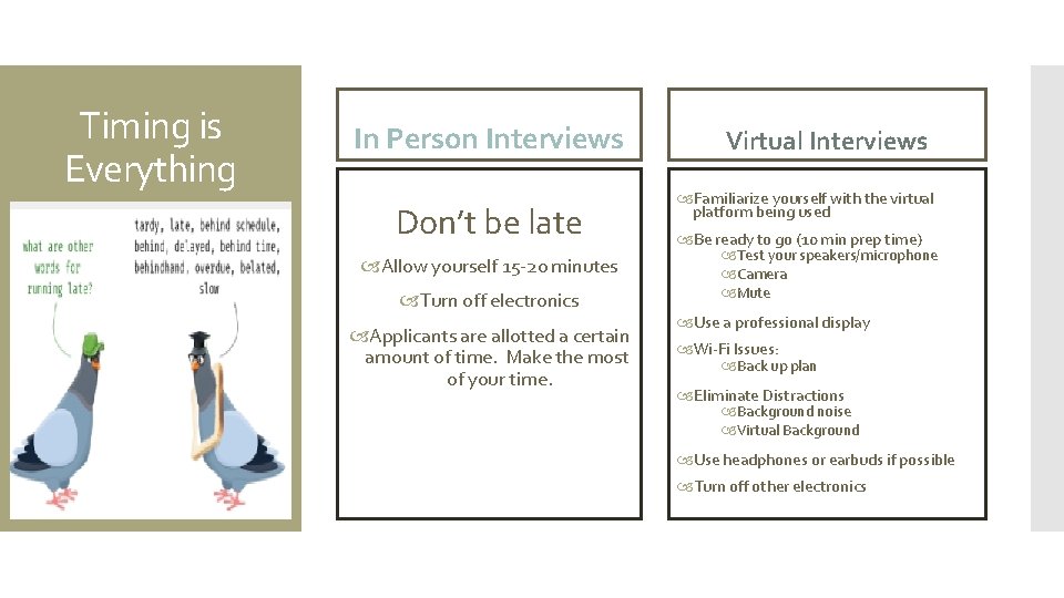 Timing is Everything In Person Interviews Don’t be late Allow yourself 15 -20 minutes