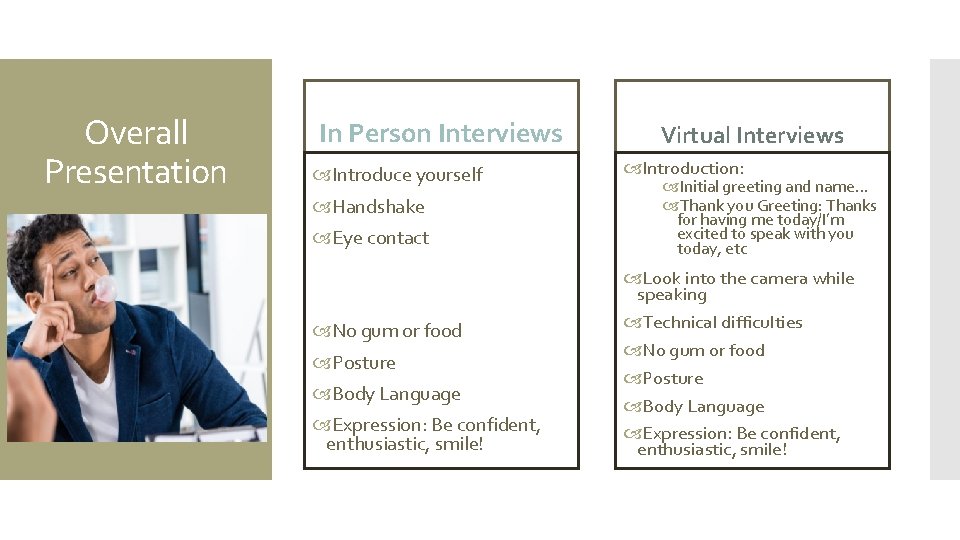 Overall Presentation In Person Interviews Introduce yourself Handshake Eye contact No gum or food