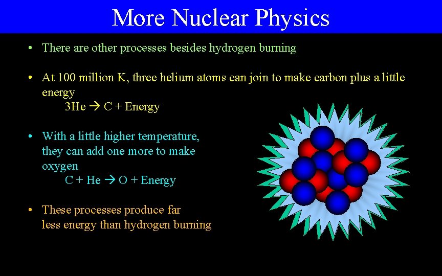 More Nuclear Physics • There are other processes besides hydrogen burning • At 100