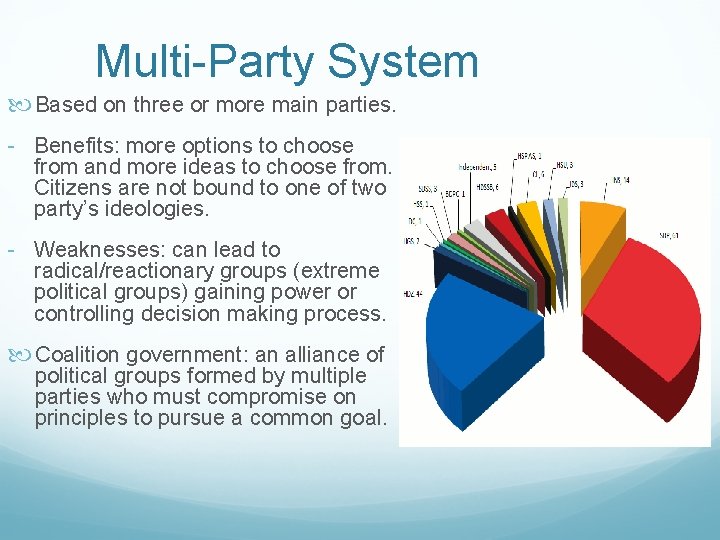 Multi-Party System Based on three or more main parties. - Benefits: more options to