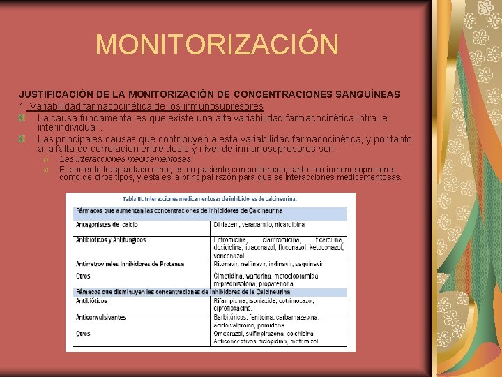 MONITORIZACIÓN JUSTIFICACIÓN DE LA MONITORIZACIÓN DE CONCENTRACIONES SANGUÍNEAS 1. Variabilidad farmacocinética de los inmunosupresores