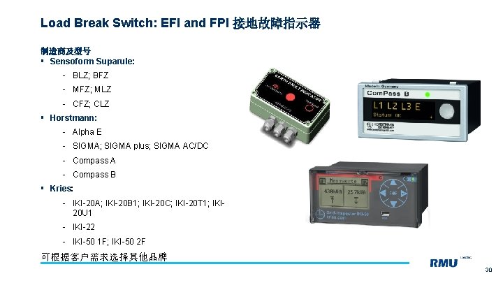 Load Break Switch: EFI and FPI 接地故障指示器 制造商及型号 § Sensoform Suparule: - BLZ; BFZ