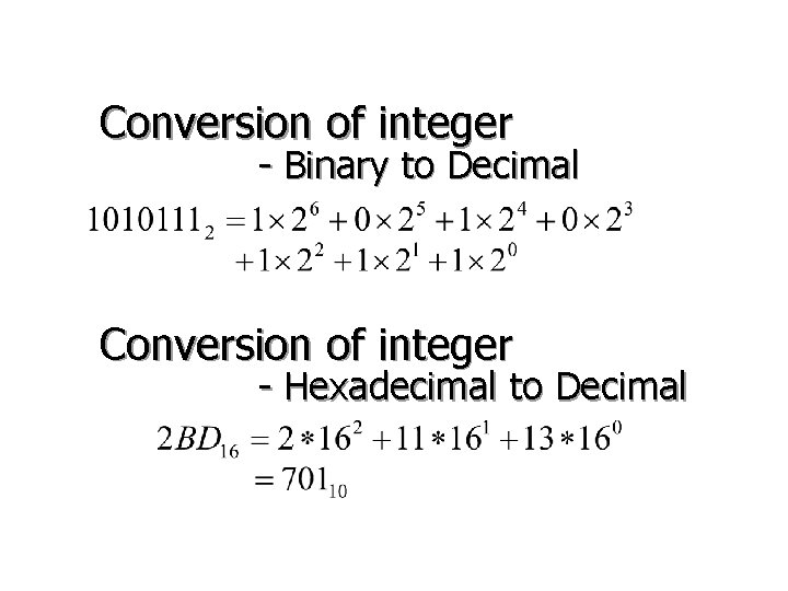 Conversion of integer - Binary to Decimal Conversion of integer - Hexadecimal to Decimal