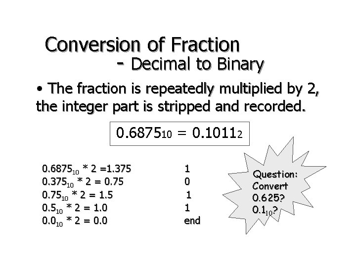 Conversion of Fraction - Decimal to Binary • The fraction is repeatedly multiplied by