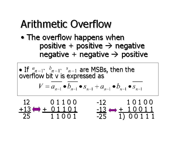 Arithmetic Overflow • The overflow happens when positive + positive negative + negative positive