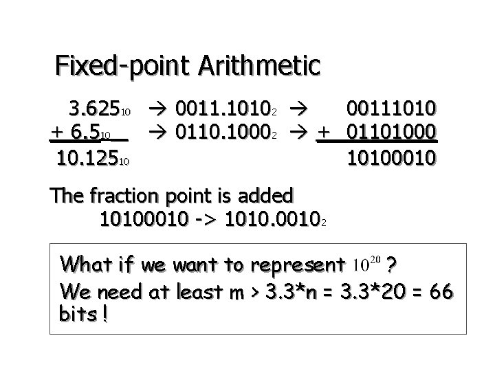 Fixed-point Arithmetic 3. 62510 0011. 10102 + 6. 510 0110. 10002 + 10. 12510
