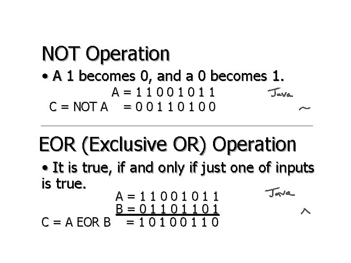 NOT Operation • A 1 becomes 0, and a 0 becomes 1. A=11001011 C