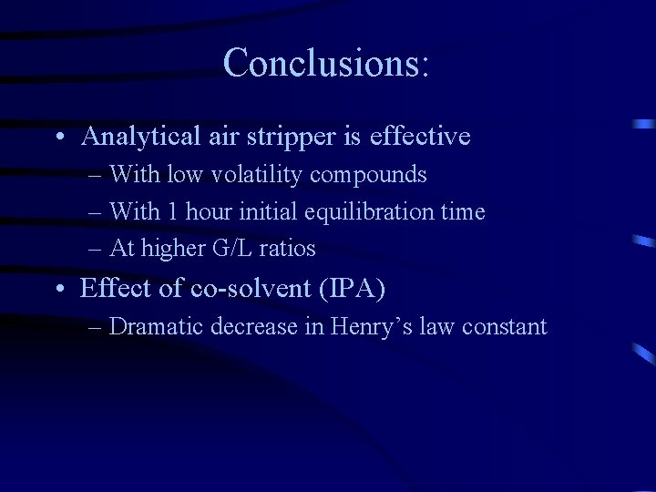 Conclusions: • Analytical air stripper is effective – With low volatility compounds – With