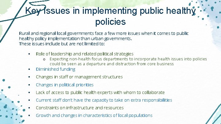 Key Issues in implementing public healthy policies Rural and regional local governments face a Key Issues in implementing public healthy policies Rural and regional local governments face a