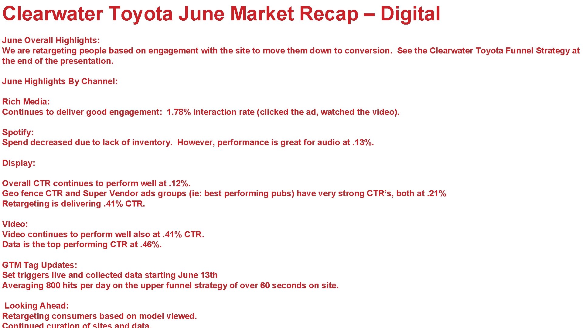 Clearwater Toyota June Market Recap – Digital June Overall Highlights: We are retargeting people