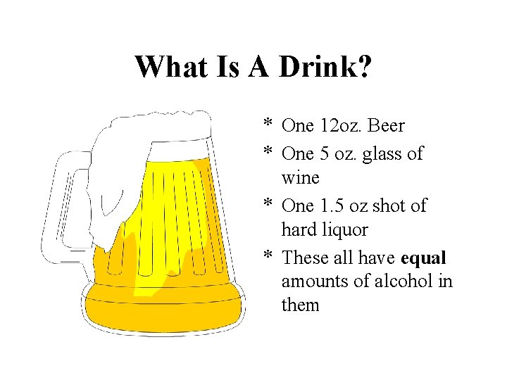What Is A Drink? * One 12 oz. Beer * One 5 oz. glass