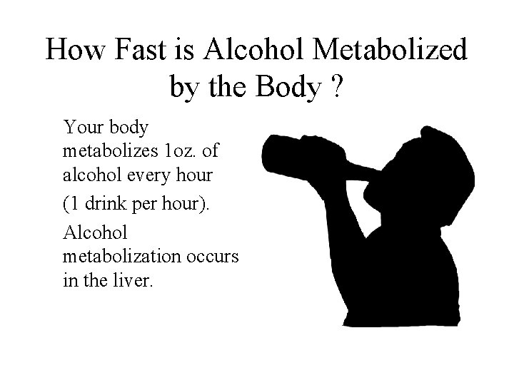 How Fast is Alcohol Metabolized by the Body ? Your body metabolizes 1 oz.