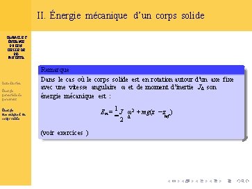 II. Énergie mécanique d’un corps solide TRAVAIL ET ÉNERGIE POTENTIELLE DE PESANTEUR Introduction Énergie