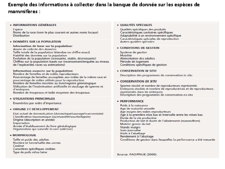 Exemple des informations à collecter dans la banque de donnée sur les espèces de