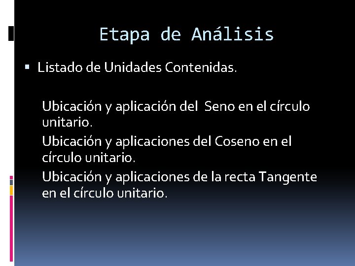 Etapa de Análisis Listado de Unidades Contenidas. Ubicación y aplicación del Seno en el