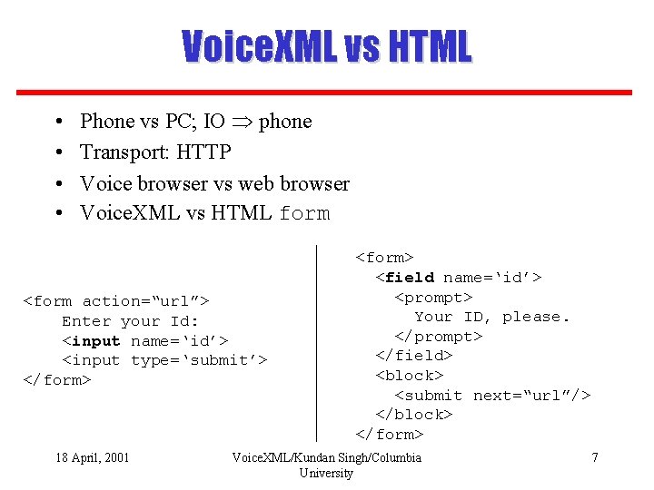 Voice. XML vs HTML • • Phone vs PC; IO phone Transport: HTTP Voice