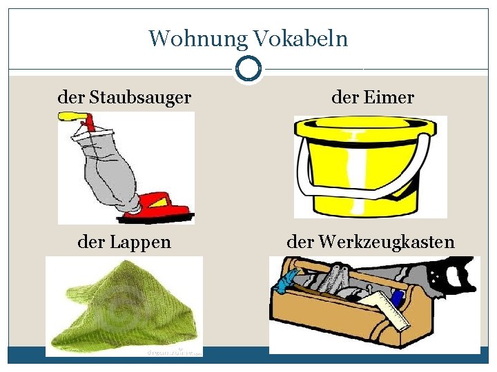 Wohnung Vokabeln der Staubsauger der Eimer der Lappen der Werkzeugkasten 