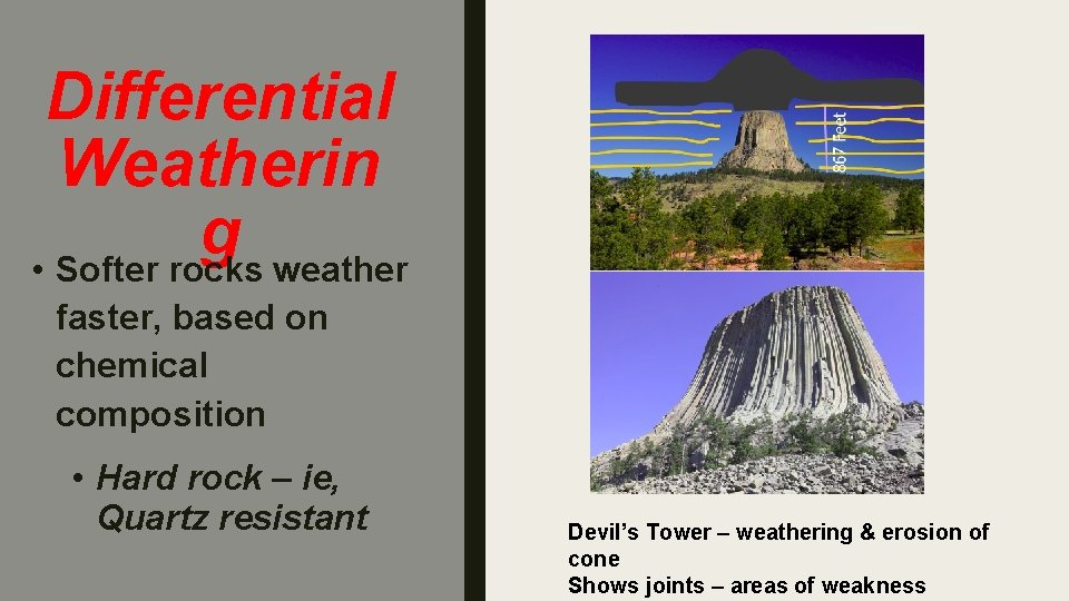 Differential Weatherin g • Softer rocks weather faster, based on chemical composition • Hard