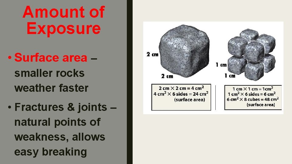 Amount of Exposure • Surface area – smaller rocks weather faster • Fractures &