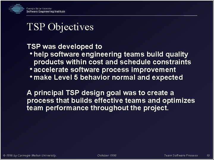 TSP Objectives TSP was developed to • help software engineering teams build quality products