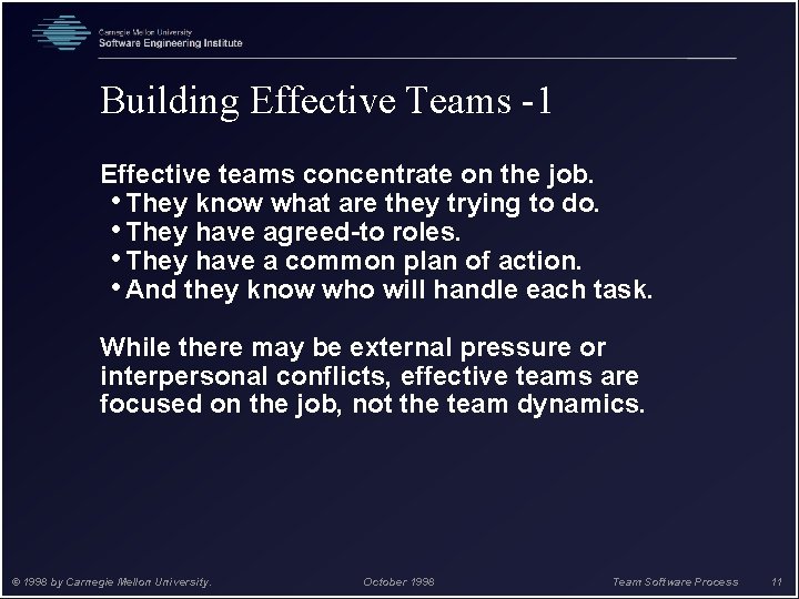 Building Effective Teams -1 Effective teams concentrate on the job. • They know what