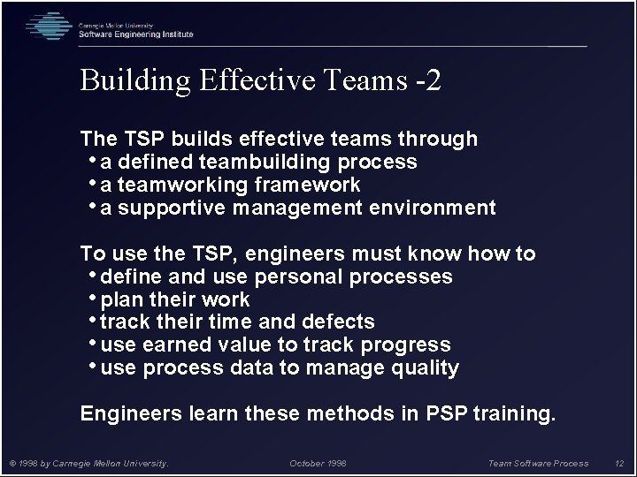 Building Effective Teams -2 The TSP builds effective teams through • a defined teambuilding